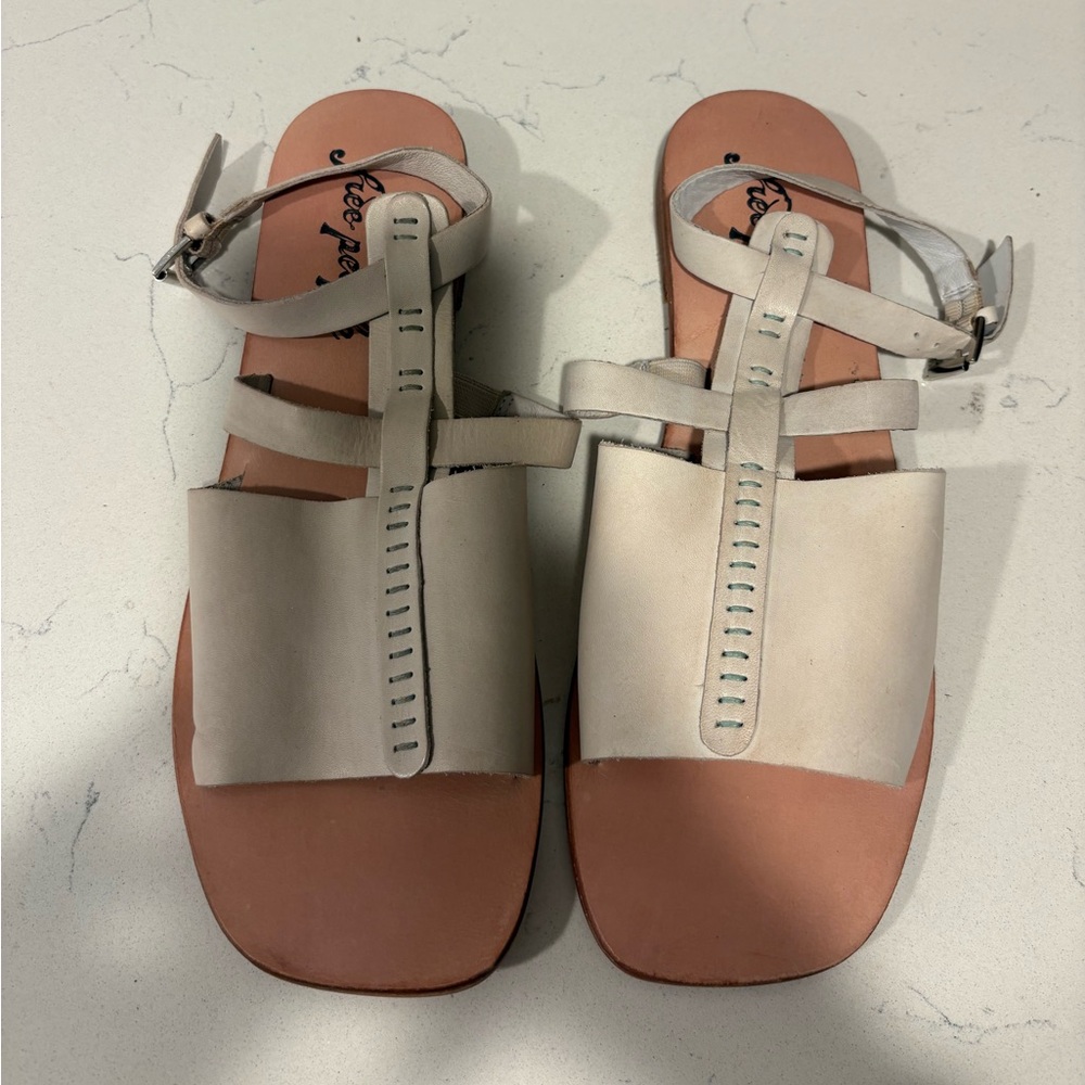 Women's oatmeal color Leather T-Strap Sandals
